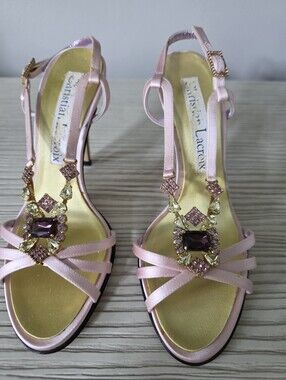 Christian Lacroix Pink Jeweled Satin T-Strap Heels